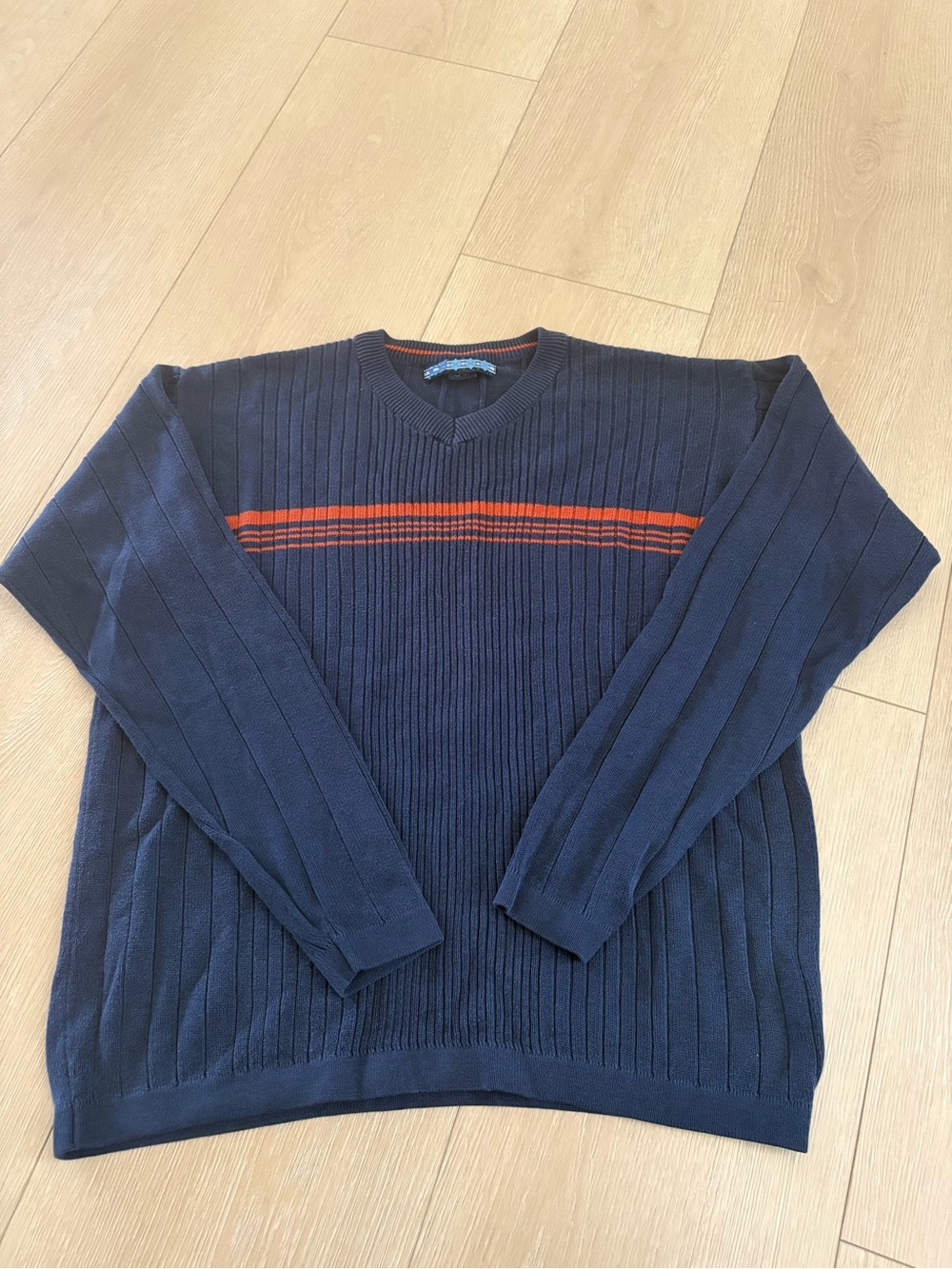 Men's V-Neck Ribbed Sweater in Navy with Orange Stripe